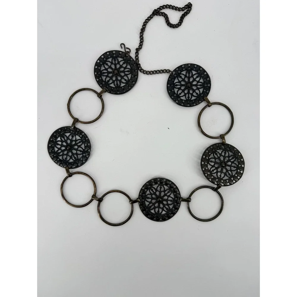 Vintage Boho Chain Belt Antique Bronze Ornate Filigree Disc Circle Link 90s 38in